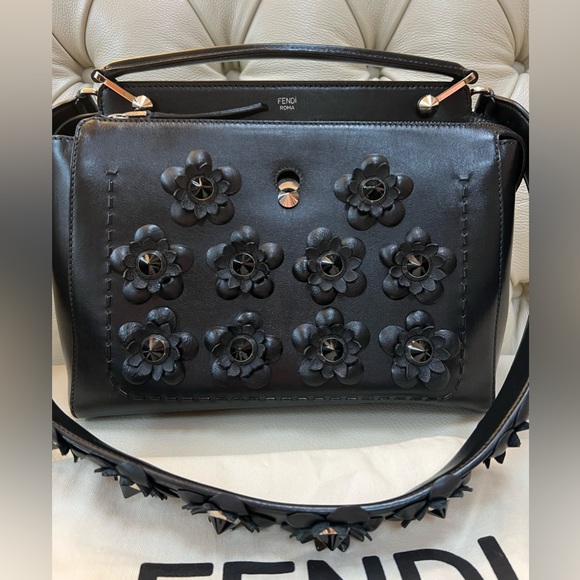 Fendi Dotcom Black Leather Bag Flowers Studded with Matching Strap Satchel - Picture 3 of 14